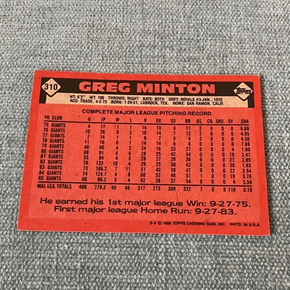 1986 Topps San Francisco Giants Baseball Card Trading Card